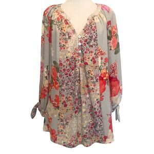 Fig and Flower Popover Top Womens Size Medium Mixed Floral Prints Boho Blouse